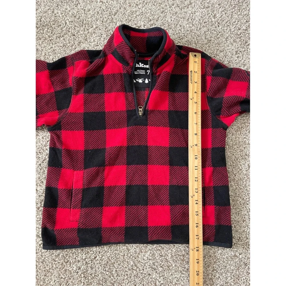 OshKosh Fleece Quarter-Zip Kids Size 7 Red Black Buffalo Plaid Excellent Trail